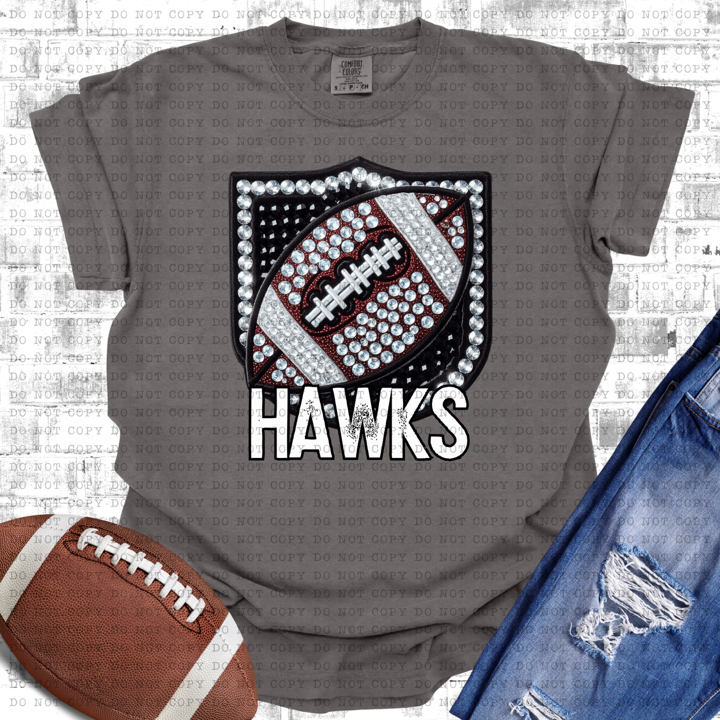 Faux Rhinestone Football Logo Hawks (Adult)